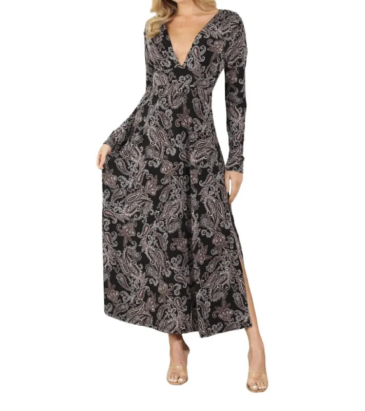 Flash Sale Starts Long Sleeve Deep V Maxi Dress In Delano Romantic Detailing