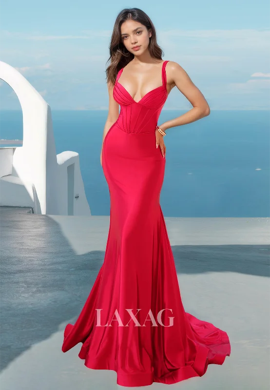 Sophisticated Style Offers Spaghetti Straps Off-Shoulder Satin Formal Gowns Sweetheart Sleeveless Sweep Train Mermaid Prom Dress Luxury Comfort