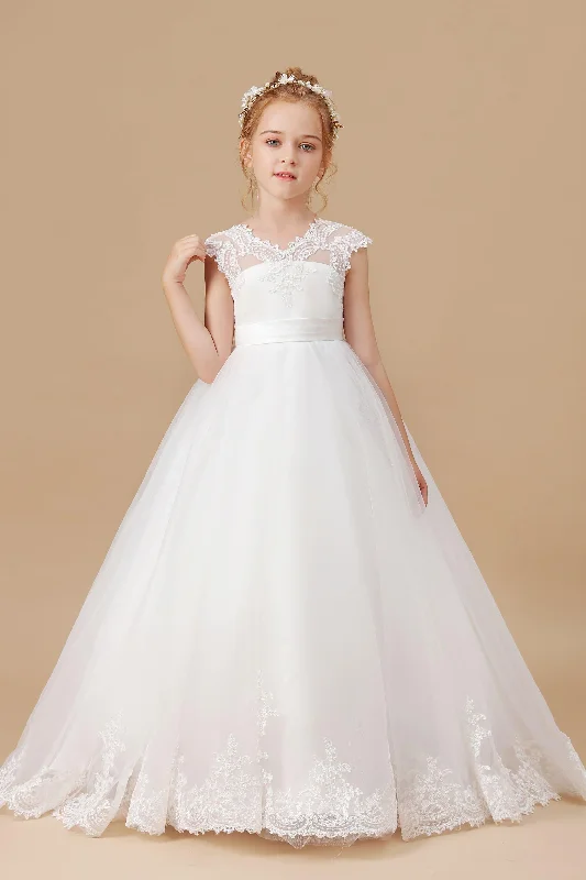 Fashion-Forward Ivory Floor-length V-Neck Lace Tulle Satin Flower Girl Dresses Early Access To Art Deco Styles Sale