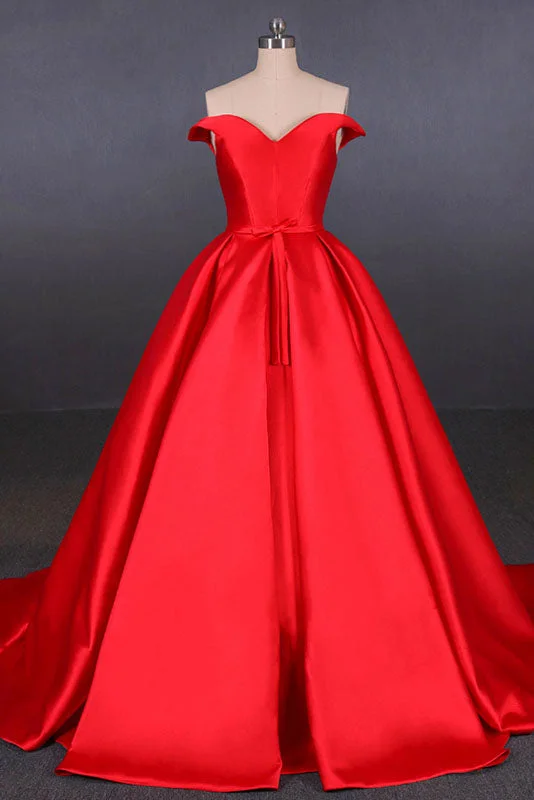 Limited Time Offers Puffy Off the Shoulder Red Satin Prom Dresses A Line Party Dresses with Belt N2342 Everyday Glamour