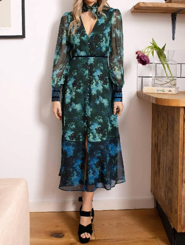 Statement Fashion Offers The Babette Dress In Green/blue Floral Artful Design