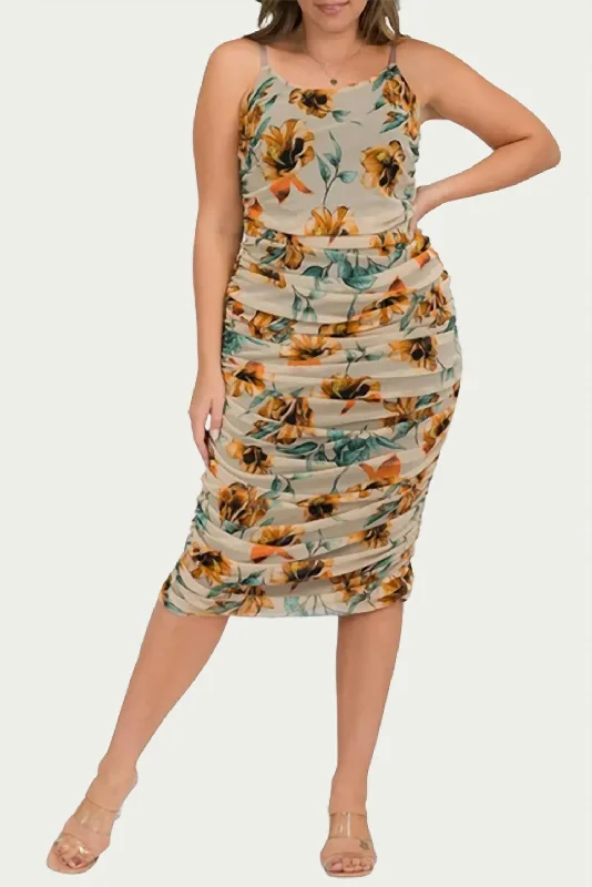 Everyday Elegance Sale Floral Ruched Mesh Midi Dress In Taupe Now On Sale For Chic Urban Styles