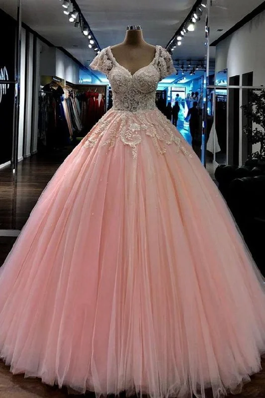 Feminine Luxe Style Sale Light Pink Beaded Lace Ball Gown Long Prom Dress V Neck Cap Sleeves Evening Gowns Plus Size Formal Dress  cg7865 Effortless Sophistication