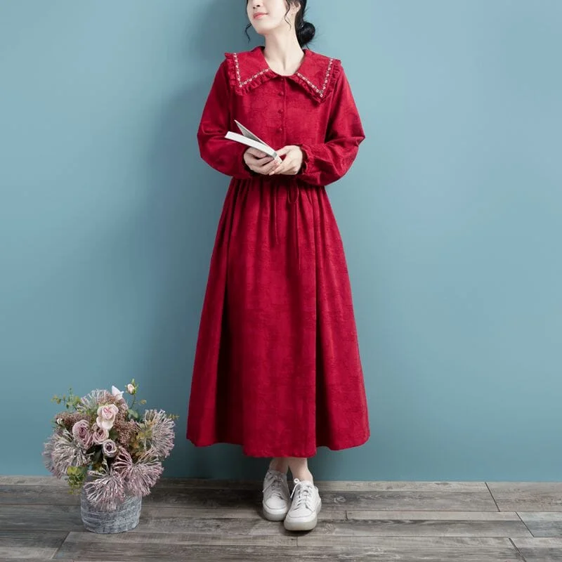 Cozy Comfort Style Sale Spring Cotton Linen Long Sleeve Solid Embroidery Dress Score Big On Glamorous Red - Carpet Styles