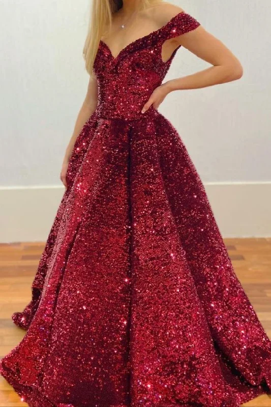 Best Deals Of The Season off the shoulder wine red sequined long prom gown ball gown    cg17910 Feminine Elegance