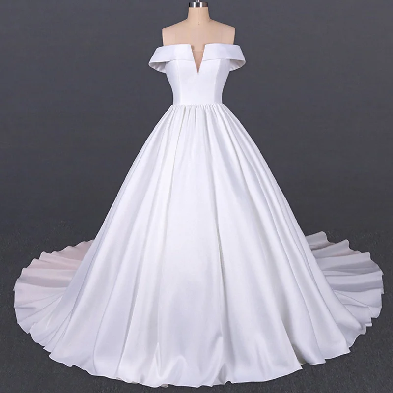 Hot Items Plunging V Off The Shoulder Ball Gown Satin Bridal Gowns Romantic Detailing