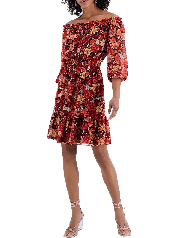 Fashion-Forward Womens Off-The-Shoulder Floral Fit & Flare Dress Contemporary Chic