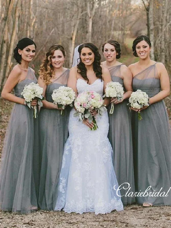 Comfortable Chic One Shoulder Long A-line Grey Tulle Bridesmaid Dresses Subtle Sophistication