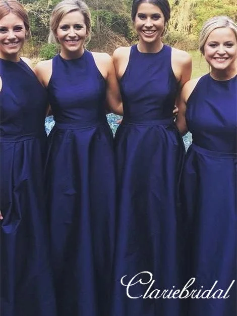 Stylish Looks Sleeveless Long A-line Satin Bridesmaid Dresses Graceful Cut