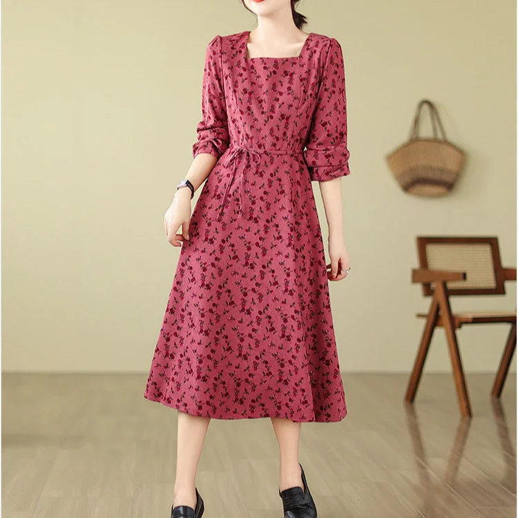 Exclusive Designer Style Deals Babakud Women Spring Retro Printed Rose Corduroy Long Sleeves Dress Grab Romantic Date - Night Styles Now