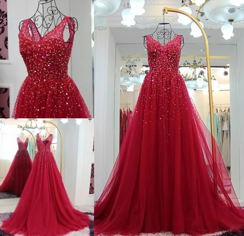 Exclusive Discounts Fasionable Sparkle Tulle V-Neckline Long Wine Red Evening Gown, Long Prom Dress   cg12964 Casual Elegance