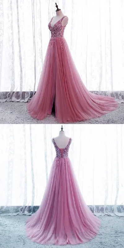 Massive Savings Beautiful pink prom dresses tulle split v neck formal gown with sequins beaded    cg17804 Lightweight Fabric