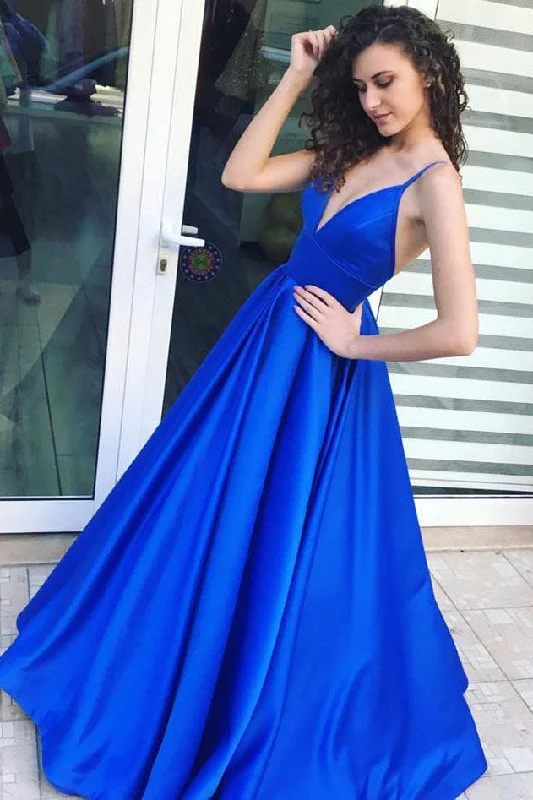 Flash Sale, Don'T Miss A Line Royal Blue Spaghetti Straps Satin Prom Dress with Pleats N729 Graceful Cut