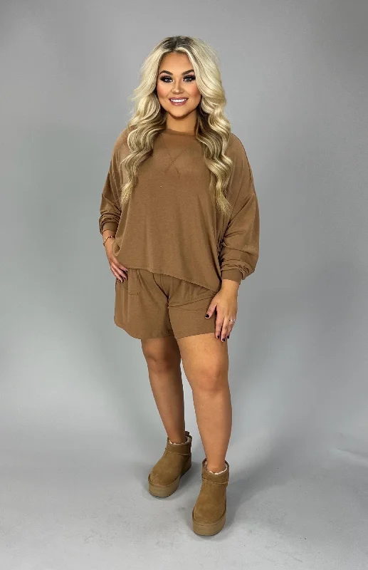 Stay Ahead In Style 21 SET-I {The Good Life} Camel Long Sleeve Short Set PLUS SIZE 1X 2X 3X Minimalist Chic