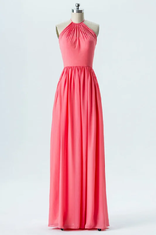 Final Sale Hot Pink Halter Backless Bridesmaid Dress Dreamy Draping