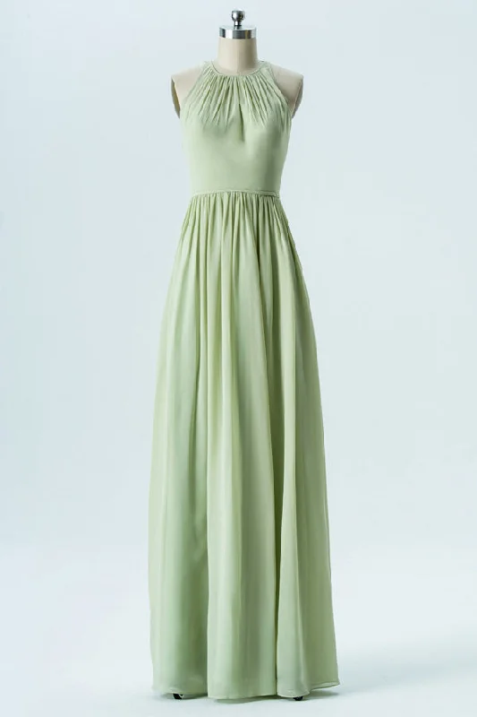 Trendy Threads Sage Green Halter Cutout Back Bridesmaid Dress Romantic Detailing