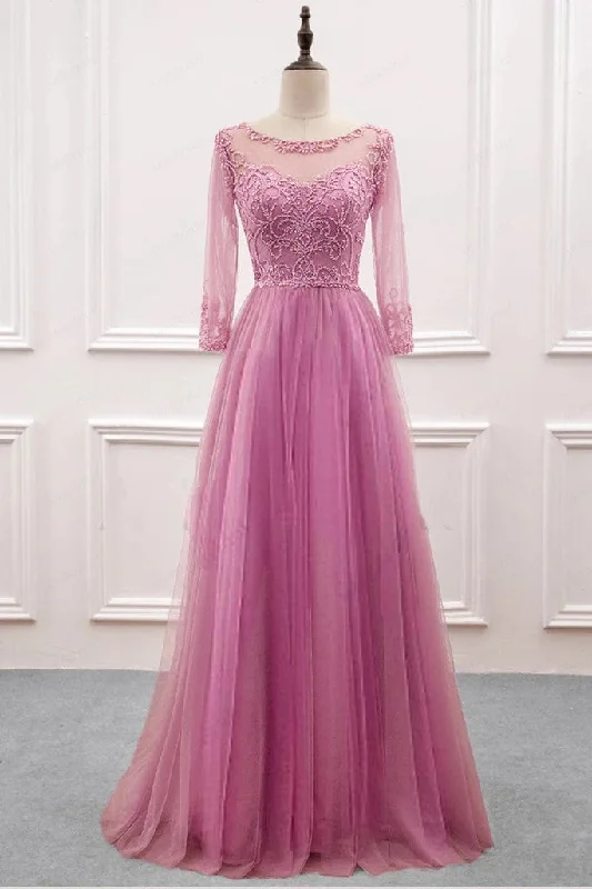 Street Chic Discounts prom Dress New Arrival Beaded Prom Dress Floor Length Formal Gown Tulle Pink Long Sleeves   cg16195 Alluring Design