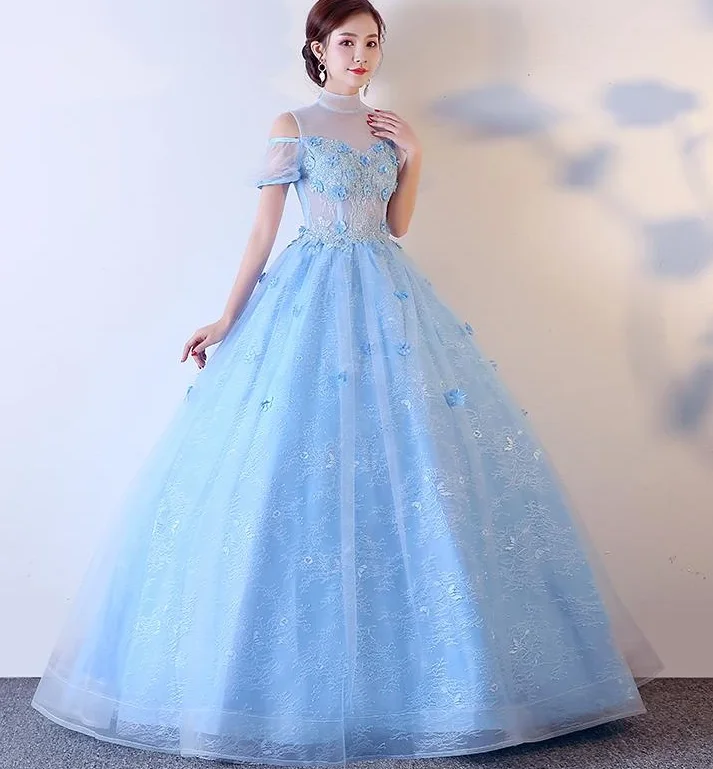 Fashion Forward, Function First Light Blue Lace High Neck Lace Applique Ball Gown, Lace Sweet 16 Dress, Prom Dress   cg17199 Statement Piece