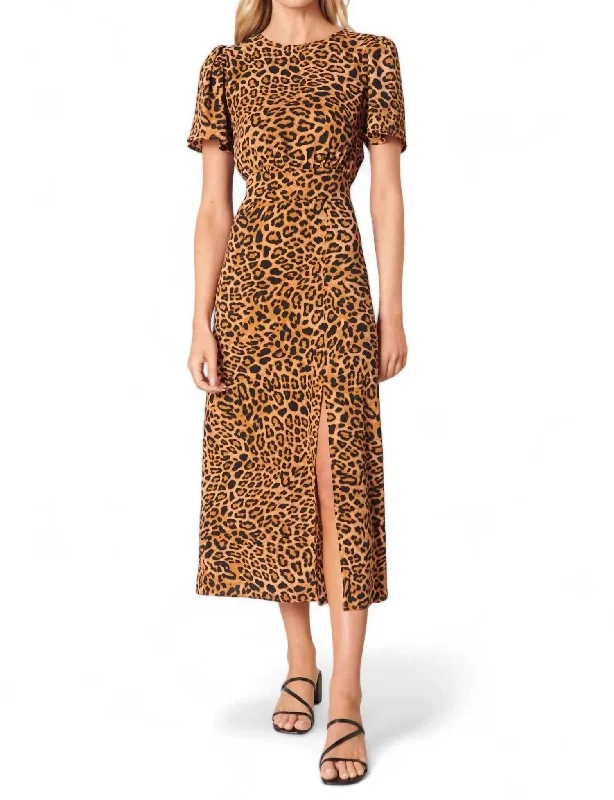 Unbeatable Deals Shania Smocked Midi Dress With Slit In Leopard Refined Look