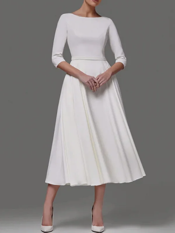 Timeless Style Promotions A Line Tea Length Wedding Dresses 3 4 Sleeve Satin Midi Flash Deals