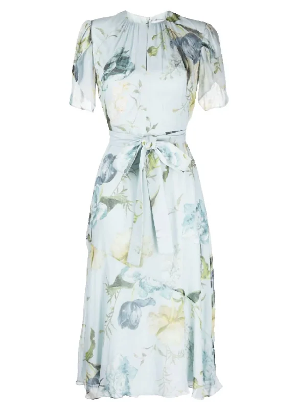 Fashion Forward Laurelle Belted Floral Dress In Light Blue Silk Mid - Season Sale