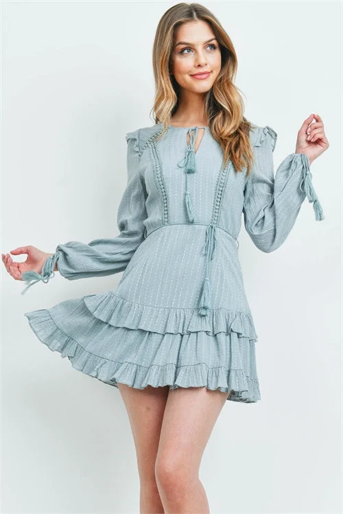 Step Ahead, Lead The Trend Sage Green Long Sleeve Boho Inspired Ruffle Dress Artful Design