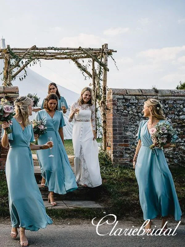 Style Without Limits Half Sleeves Blue Chiffon French Style Long Bridesmaid Dresses Coastal Beach - Inspired Style