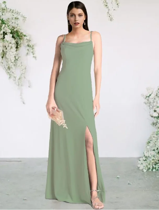 Insane Discount Onslaught Sheath / Column Bridesmaid Dress Spaghetti Strap Sleeveless Sexy Floor Length Chiffon with Split Front Elegant Ensemble