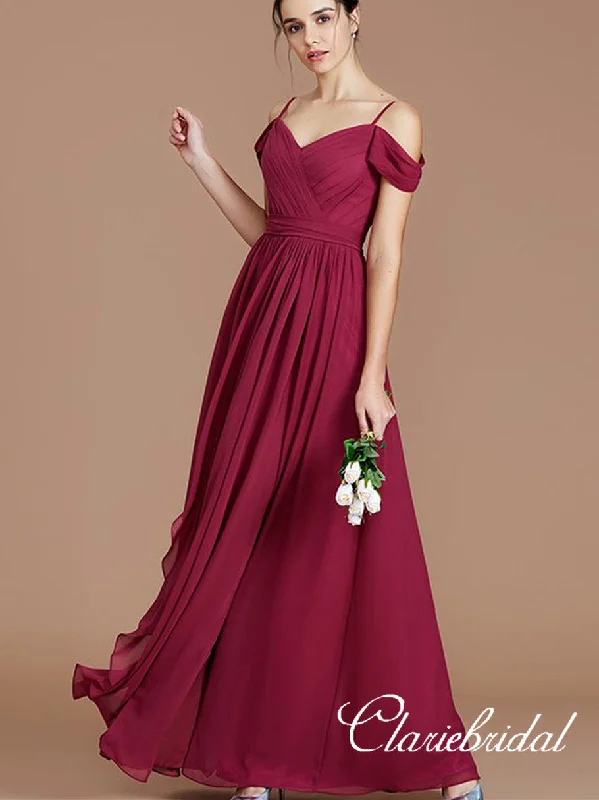 Classic Chic Deals Burgundy Off Shoulder Long A-line Chiffon Bridesmaid Dresses Exquisite Craftsmanship