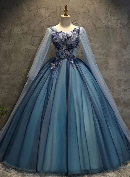 Retro Style Promotions Blue Tulle Ball Gown Long Sweet 16 Dress With Lace Applique, Prom Dress   cg16360 Polished Finish