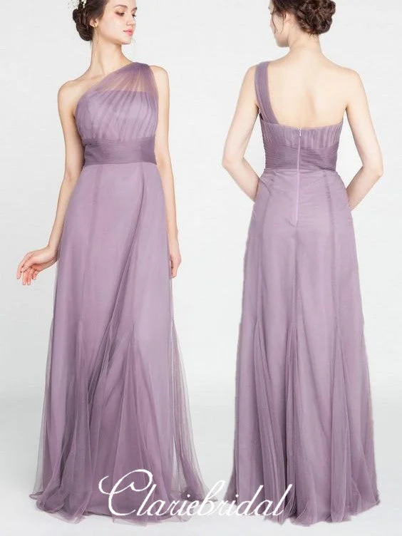 End-Of-Season Clearance One Shoulder A-line Purple Tulle Long Bridesmaid Dresses Limited - Stock