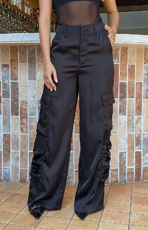 Sophisticated Street Style Offers Satin Sapphire Black Cargo Pants Buy More, Save More