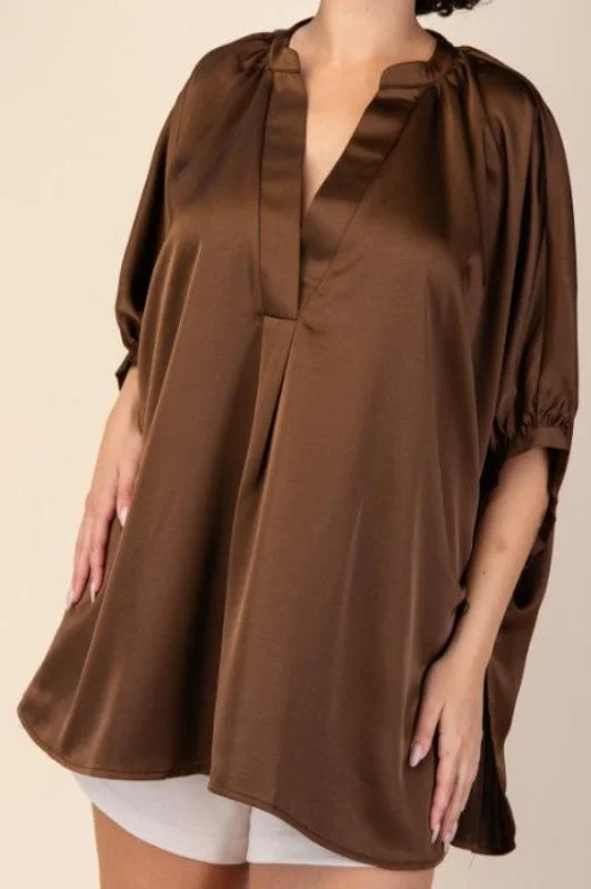 Unleash Your Style GLAMOROUS CELEBRATION BROWN SATIN OVERSIZED TUNIC Sophisticated Cut