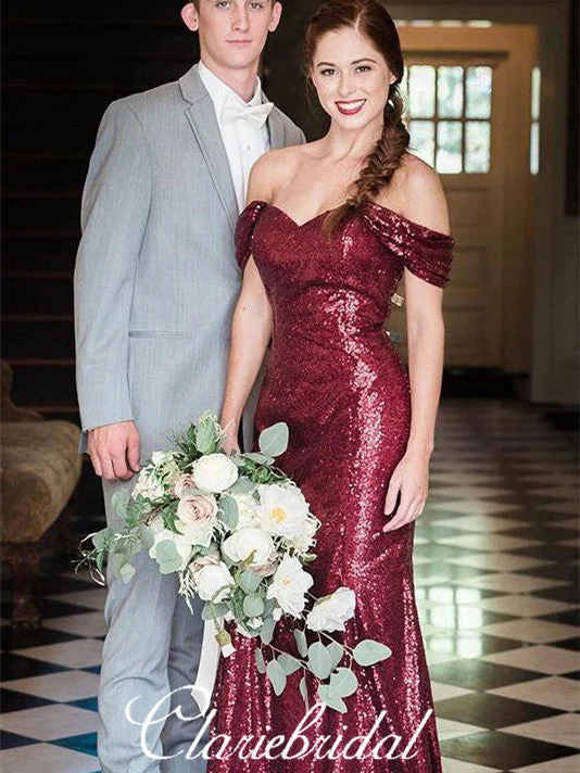 Limited Time Flash Sale Off Shoulder Long Mermaid Burgundy Sequin Long Bridesmaid Dresses Sophisticated Cut