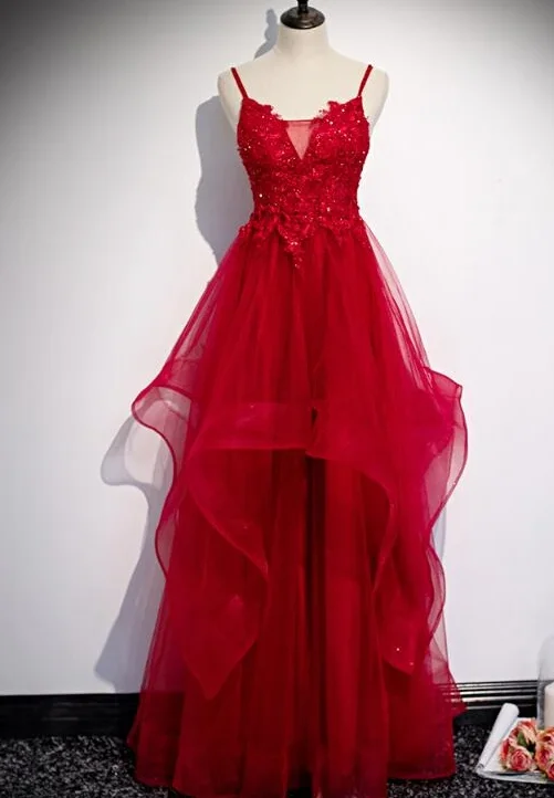 Massive Selection Sale Red Lace Tulle Layered Straps Fashionable Long Party Dress, Long Prom Gown   cg11729 Vintage Elegance