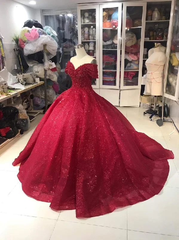 Elegant Fashion Offers Off shoulder Dress - Off shoulder Red Dress - Red Glitter Fabric - Red Ballgown Dress Prom Dress    cg16521 Save On Classic Elegant Styles