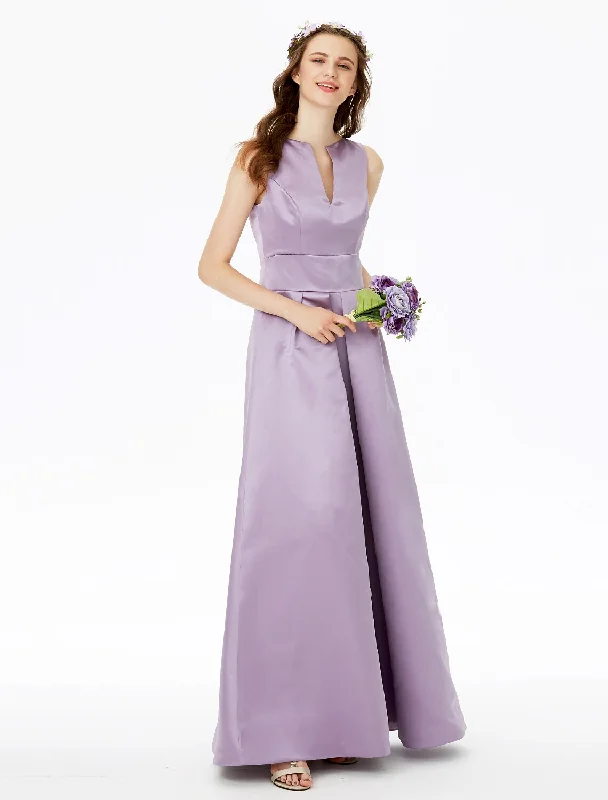 Gift Ideas A-Line Bridesmaid Dress Notched Sleeveless Elegant Floor Length Satin with Pleats / Pocket Grab Romantic Date - Night Styles Now