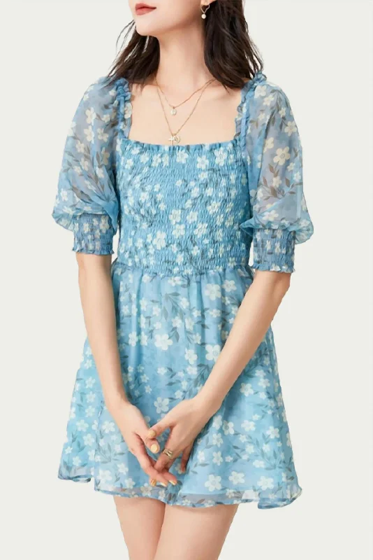 Romantic Chic Deals Edelweiss Floral-Print Mini Dress In Blue Statement Piece