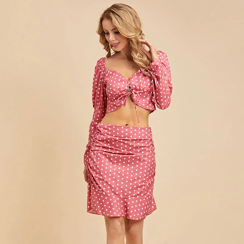 Style Breakthroughs KittenAlarm - Women fashion Polka dot four-way stretch dress long sleeve Crop Tee & Skirt Set Feminine Elegance