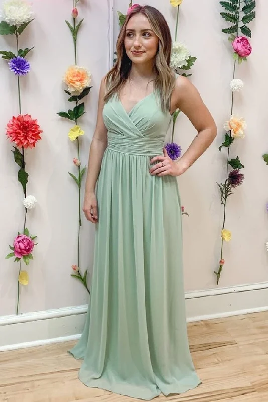 Step Ahead, Lead The Trend Sage Green Chiffon V-Neck Ruched Bridesmaid Dress Contemporary Elegance