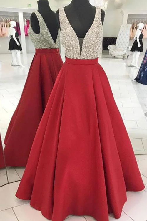 Essentials On Sale Red V-Neck Sleeveless Beading Prom Dresses A Line Satin Sparkly Long Party Dresses N1731 Playful Elegance