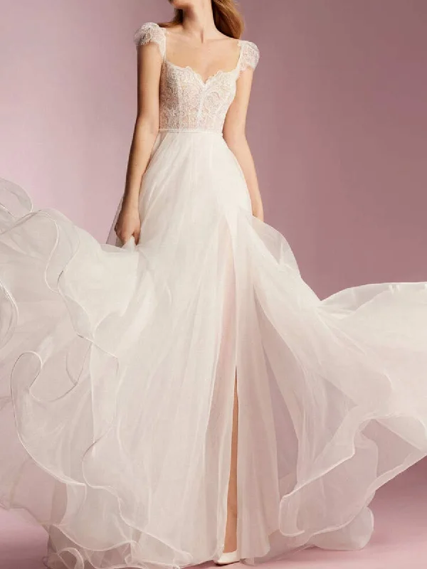 Insane Discount Onslaught A-line Wedding Dress With Cap Sleeves Square Neckline Grab Romantic Date - Night Styles Now