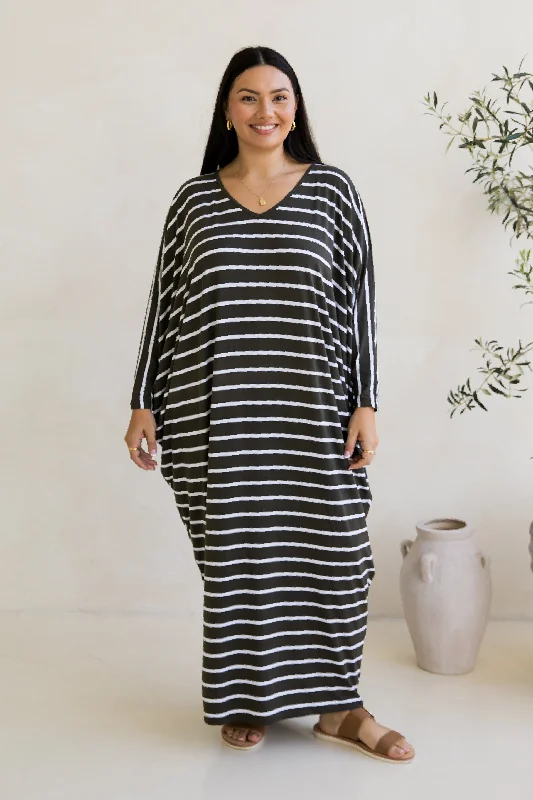 Retro Style Promotions Long Sleeve Maxi Miracle Dress | Moss Green/White Stripe Subtle Sophistication