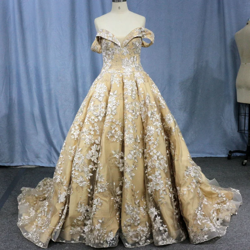 Latest Fashion Golden Wedding Dress 3D Embroidery Lace Bridal Gowns Y2K Nostalgic Fashion Look