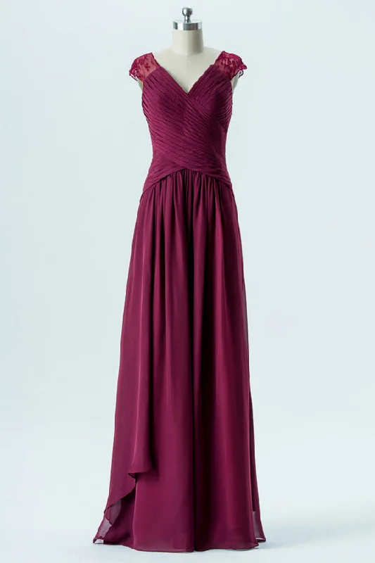 Romantic Chic Deals Magenta V-Neck Cap Sleeves Long Bridesmaid Dress Romantic Flair