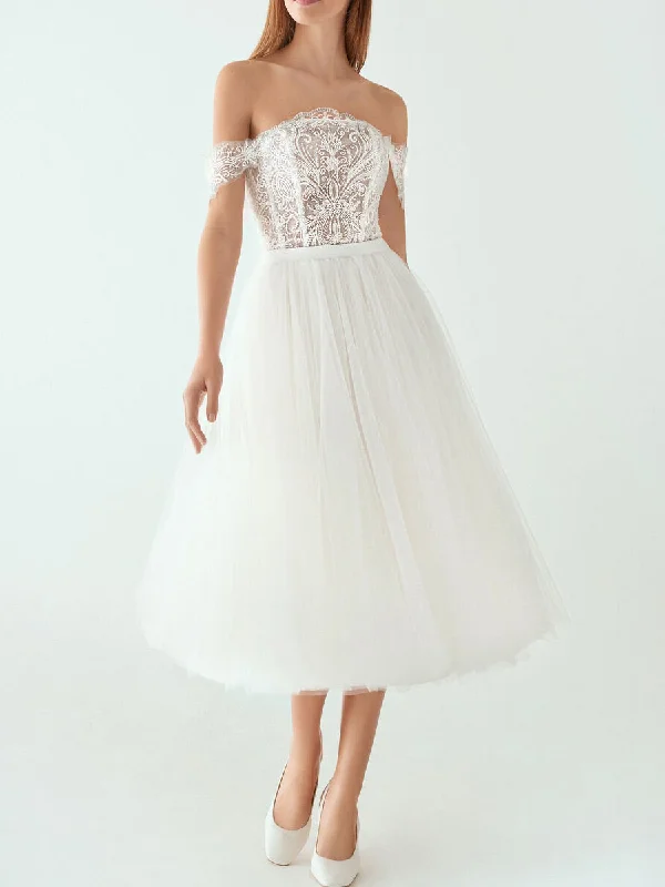 Boutique Styles Tea Length Wedding Dress Strapless Lace Tulle A-line Today Only