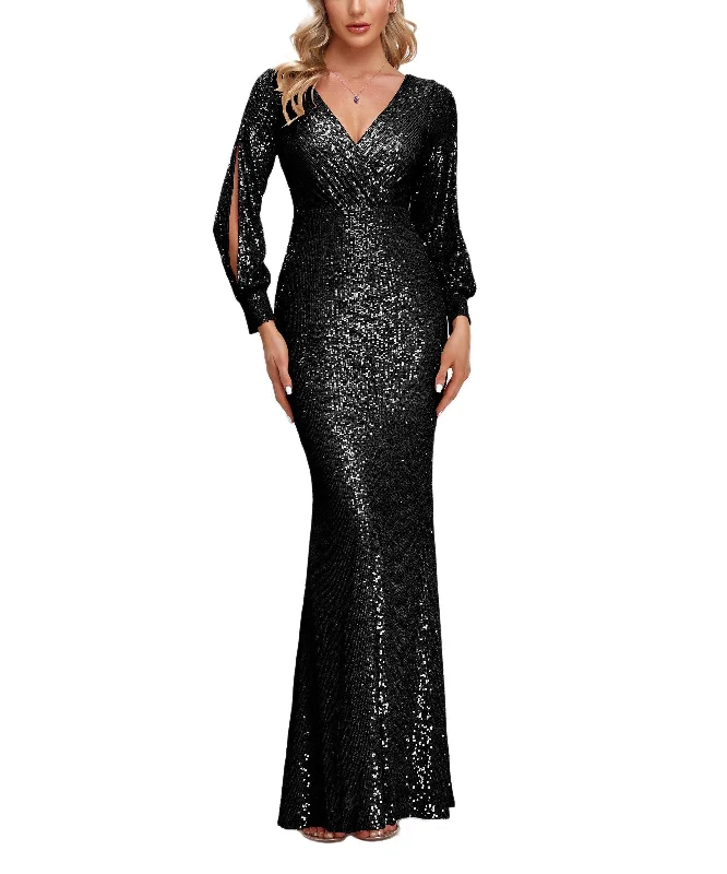 Huge Markdowns KittenAlarm - V-Neck Split Long Sleeve Shinning Sequins Dress Hollywood Glam Award - Show Style