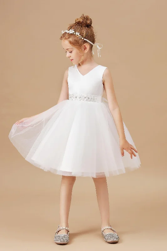 Style Upgrade Sleeveless Ivory V-neck Tulle Satin Flower Girl Dresses With Bowknot Vintage Charm