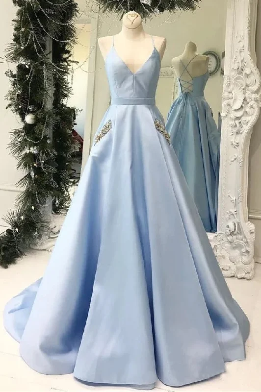 Limited Time Flash Sale Light Blue V-Neck Floor Length Satin Prom Dresses with Pockets Elevated Style