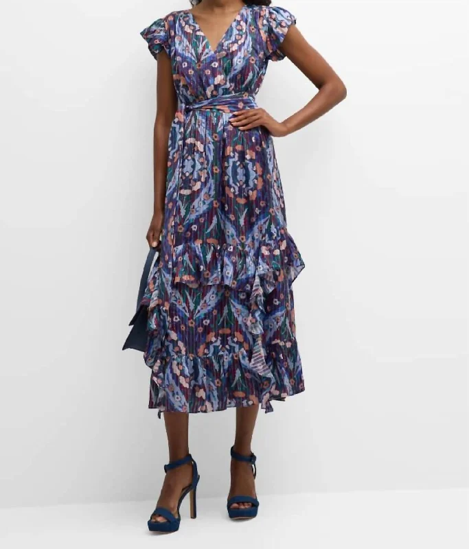 Best Sellers Uma Floral Print Ruffle Trim Midi Dress In Aster Trellis Graceful Cut